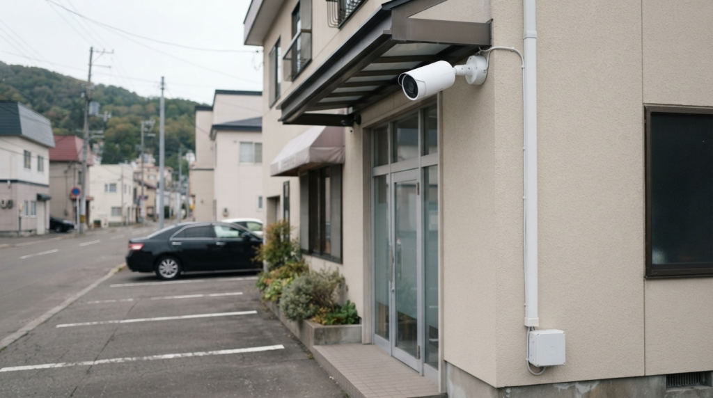 日本の小規模店舗または事務所の出入口に、防犯カメラを設置したイメージ写真。
